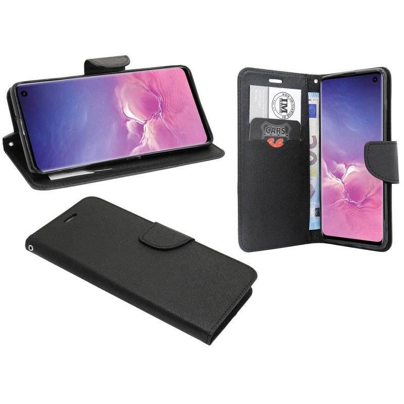 Buch Tasche Fancy für SAMSUNG GALAXY S10 G973F Handy Hülle Brieftasche Schutzhülle Standfunktion Kartenfach Schwarz