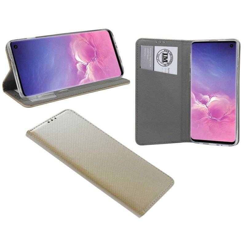 Buch Tasche Smart für Samsung Galaxy S10 G973F Handy Hülle Etui Schutzhülle mit Standfunktion, Kartenfach Schwarz Gold