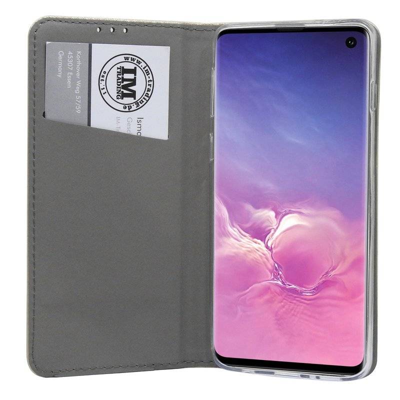 Buch Tasche Smart für Samsung Galaxy S10 G973F Handy Hülle Etui Schutzhülle mit Standfunktion, Kartenfach Schwarz Gold