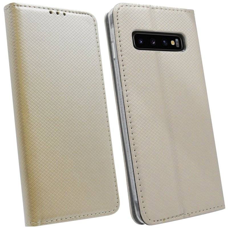 Buch Tasche Smart für Samsung Galaxy S10 G973F Handy Hülle Etui Schutzhülle mit Standfunktion, Kartenfach Schwarz Gold
