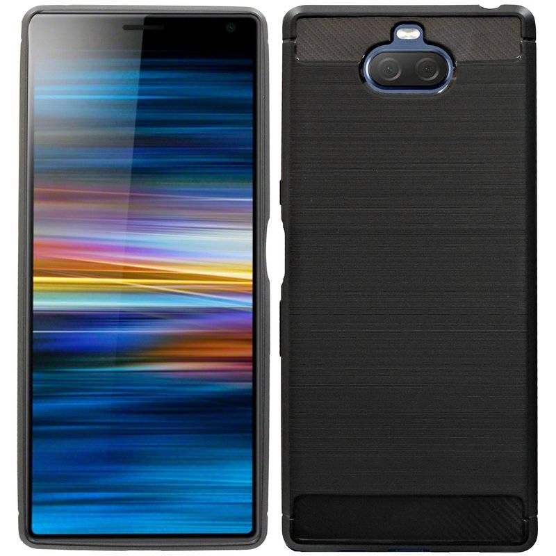 Silikon Hülle Carbon kompatibel mit SONY XPERIA 10 TPU Case Soft Handyhülle Cover Schutzhülle Schwarz