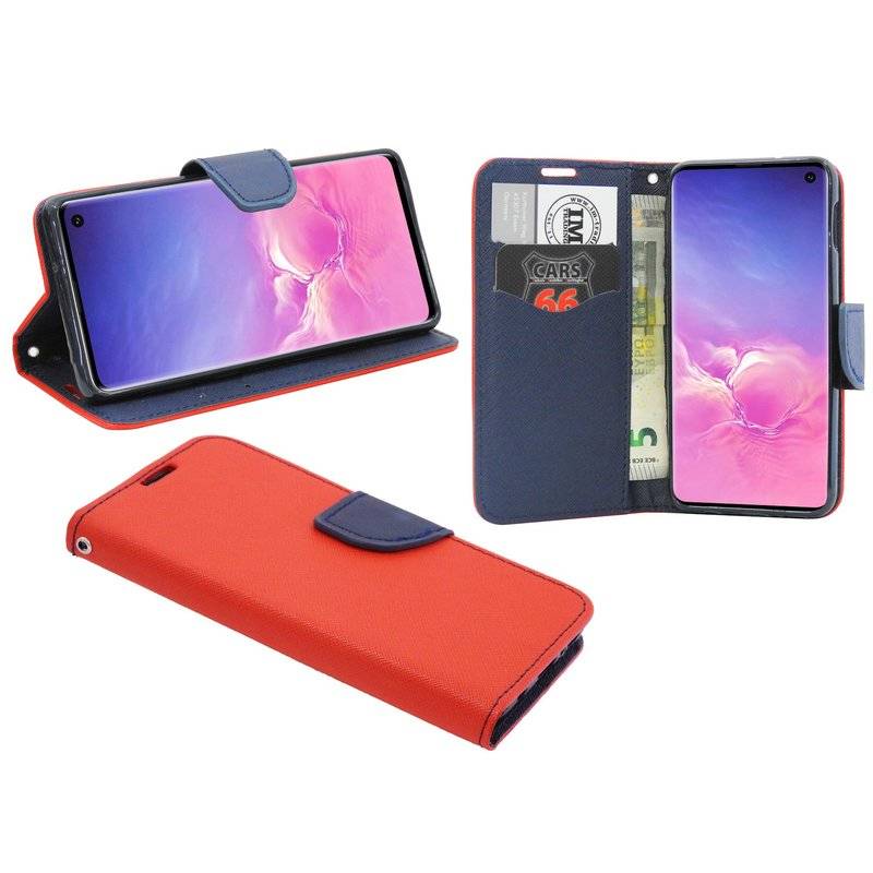 Buch Tasche Fancy für SAMSUNG GALAXY S10 G973F Handy Hülle Brieftasche Schutzhülle Standfunktion Kartenfach Rot-Blau