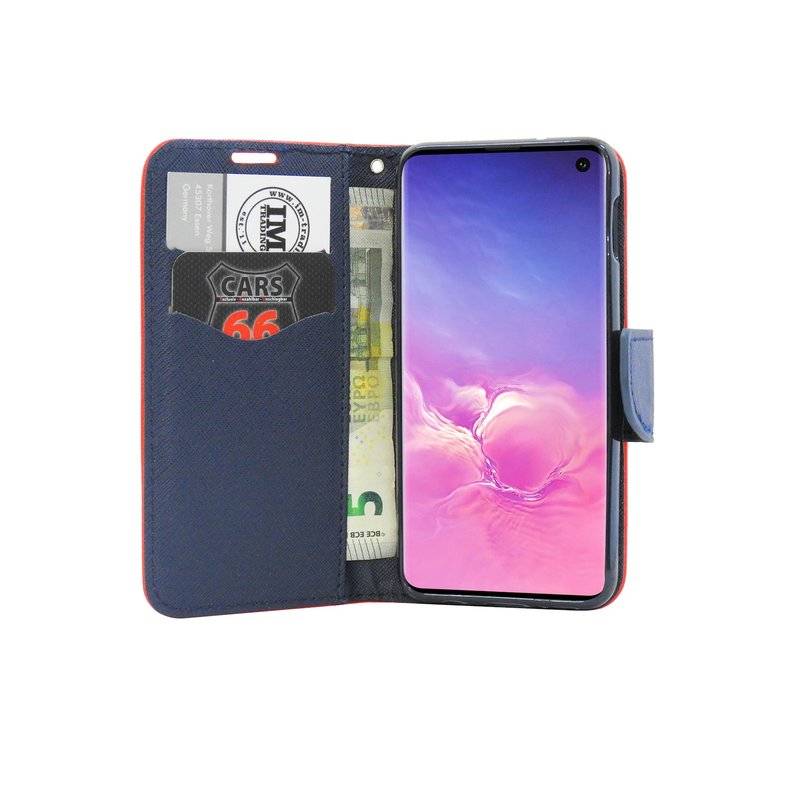 Buch Tasche Fancy für SAMSUNG GALAXY S10 G973F Handy Hülle Brieftasche Schutzhülle Standfunktion Kartenfach Rot-Blau