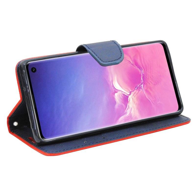 Buch Tasche Fancy für SAMSUNG GALAXY S10 G973F Handy Hülle Brieftasche Schutzhülle Standfunktion Kartenfach Rot-Blau