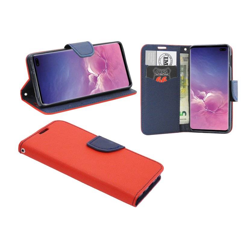 Buch Tasche Fancy für SAMSUNG GALAXY S10 PLUS G975F Handy Hülle Etui Schutzhülle Standfunktion, Kartenfach Rot-Blau