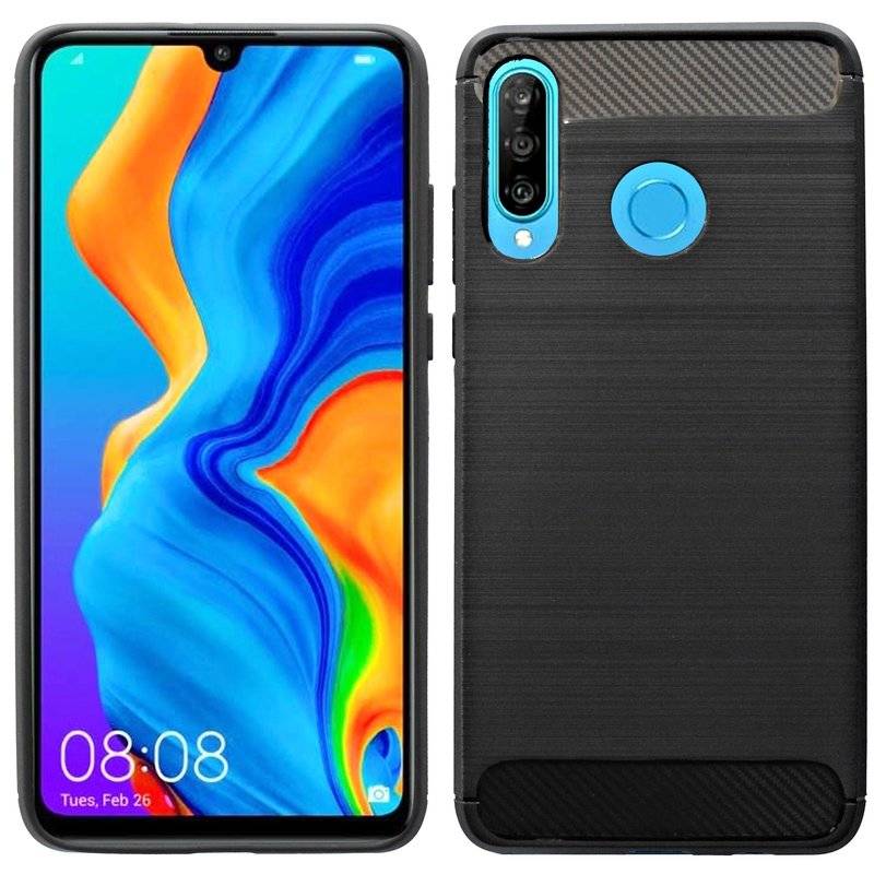 Silikon Hülle Carbon kompatibel mit HUAWEI P30 LITE Case TPU Soft Handyhülle Cover Schutzhülle Schwarz