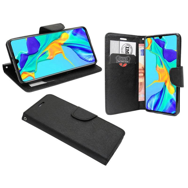 Buch Tasche Fancy" für HUAWEI P30 Handy Hülle Etui Brieftasche Schutzhülle mit Standfunktion, Kartenfach Schwarz"