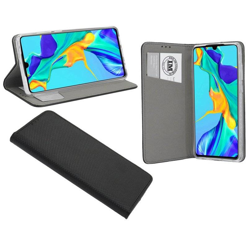 Buch Tasche Smart" für HUAWEI P30 Handy Hülle Etui Brieftasche Schutzhülle mit Standfunktion, Kartenfach Schwarz