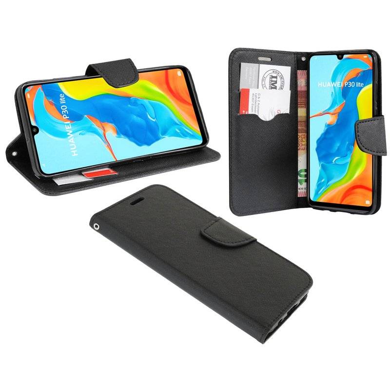Buch Tasche Fancy" für HUAWEI P30 LITE Handy Hülle Etui Brieftasche Schutzhülle mit Standfunktion, Kartenfach Schwarz"