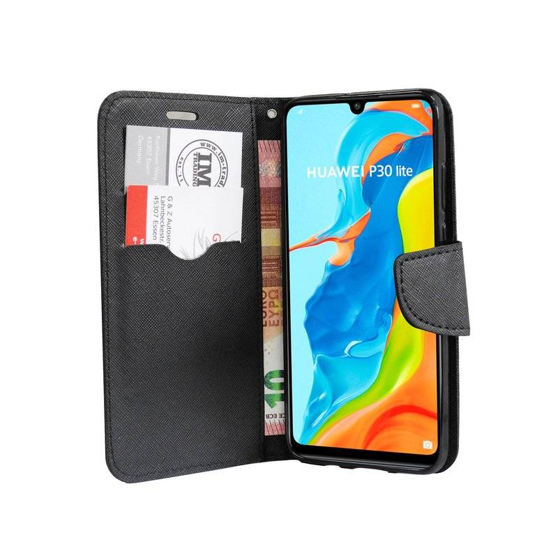 Buch Tasche Fancy" für HUAWEI P30 LITE Handy Hülle Etui Brieftasche Schutzhülle mit Standfunktion, Kartenfach Schwarz"