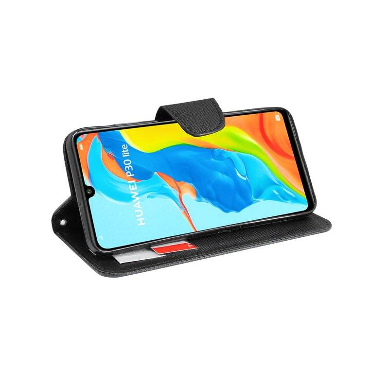 Buch Tasche Fancy" für HUAWEI P30 LITE Handy Hülle Etui Brieftasche Schutzhülle mit Standfunktion, Kartenfach Schwarz"