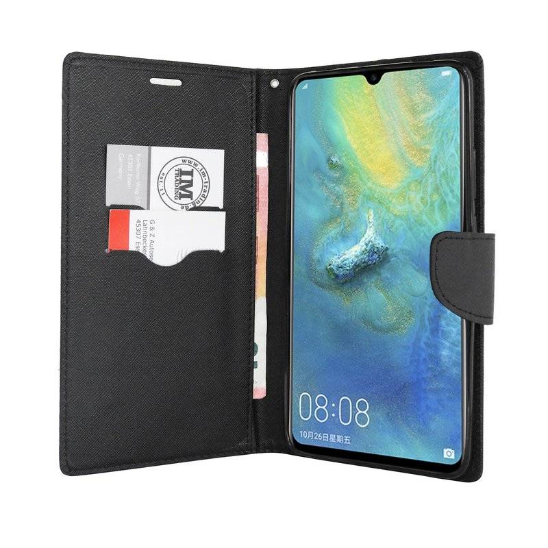 Buch Tasche Fancy" für HUAWEI MATE 20X Handy Hülle Etui Brieftasche Schutzhülle mit Standfunktion, Kartenfach Schwarz"