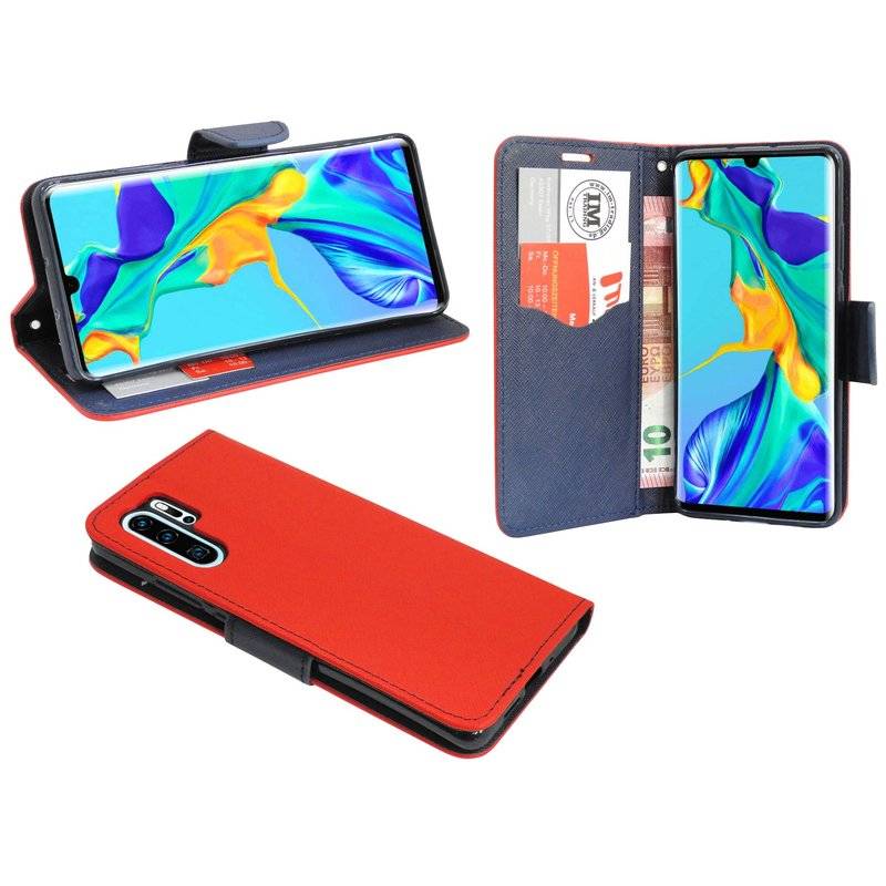 Buch Tasche Fancy für HUAWEI P30 PRO Handy Hülle Brieftasche Schutzhülle Standfunktion, Kartenfach Rot / Blau