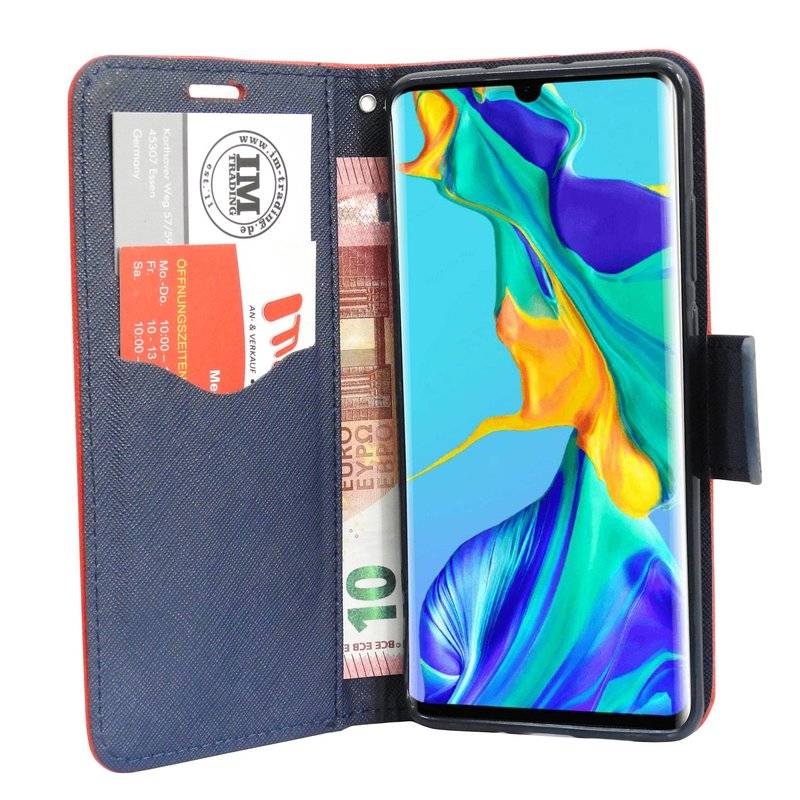 Buch Tasche Fancy für HUAWEI P30 PRO Handy Hülle Brieftasche Schutzhülle Standfunktion, Kartenfach Rot / Blau