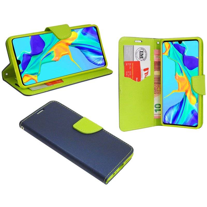 Buch Tasche Fancy für HUAWEI P30 Handy Hülle Etui Schutzhülle mit Standfunktion, Kartenfach Blau-Grün (2-Farbig)