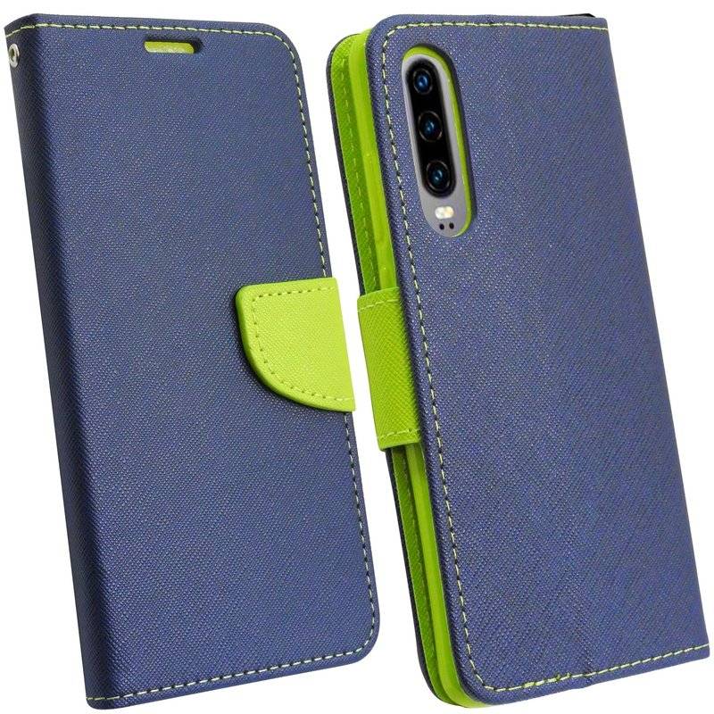 Buch Tasche Fancy für HUAWEI P30 Handy Hülle Etui Schutzhülle mit Standfunktion, Kartenfach Blau-Grün (2-Farbig)