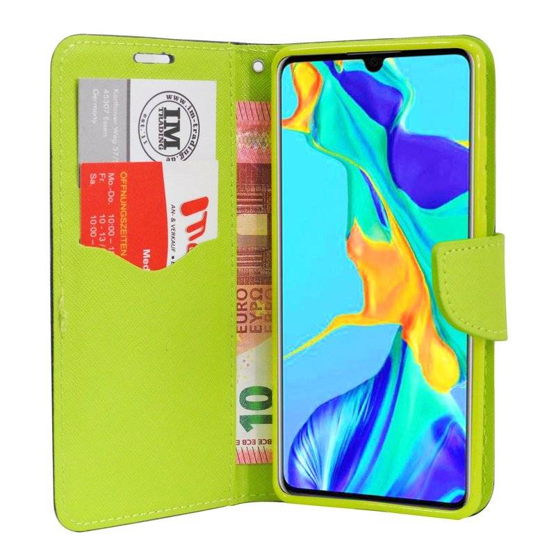 Buch Tasche Fancy für HUAWEI P30 Handy Hülle Etui Schutzhülle mit Standfunktion, Kartenfach Blau-Grün (2-Farbig)