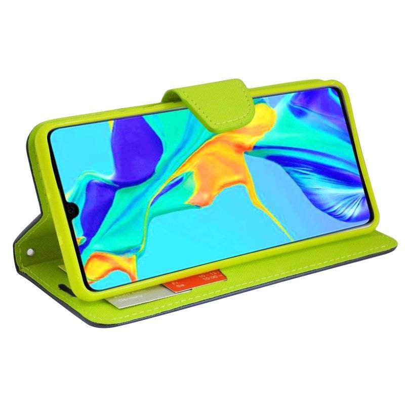 Buch Tasche Fancy für HUAWEI P30 Handy Hülle Etui Schutzhülle mit Standfunktion, Kartenfach Blau-Grün (2-Farbig)