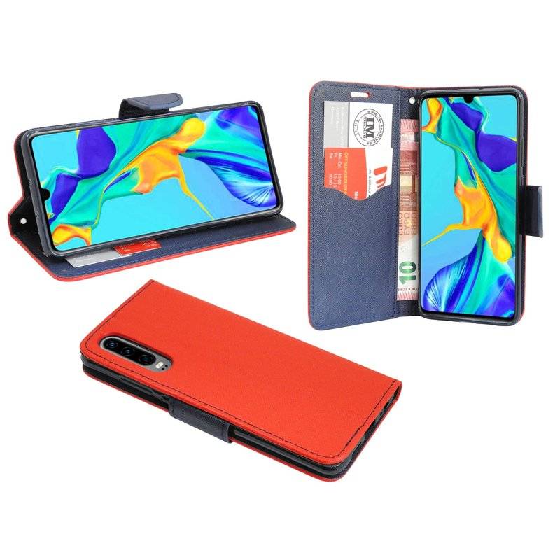 Buch Tasche Fancy für HUAWEI P30 Handy Hülle Etui Brieftasche Schutzhülle Standfunktion, Kartenfach Rot / Blau