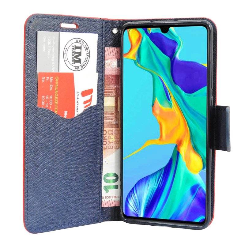 Buch Tasche Fancy für HUAWEI P30 Handy Hülle Etui Brieftasche Schutzhülle Standfunktion, Kartenfach Rot / Blau