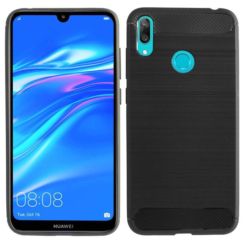 Silikon Hülle Carbon kompatibel mit HUAWEI Y7 2019 Case TPU Soft Handyhülle Cover Schutzhülle Schwarz