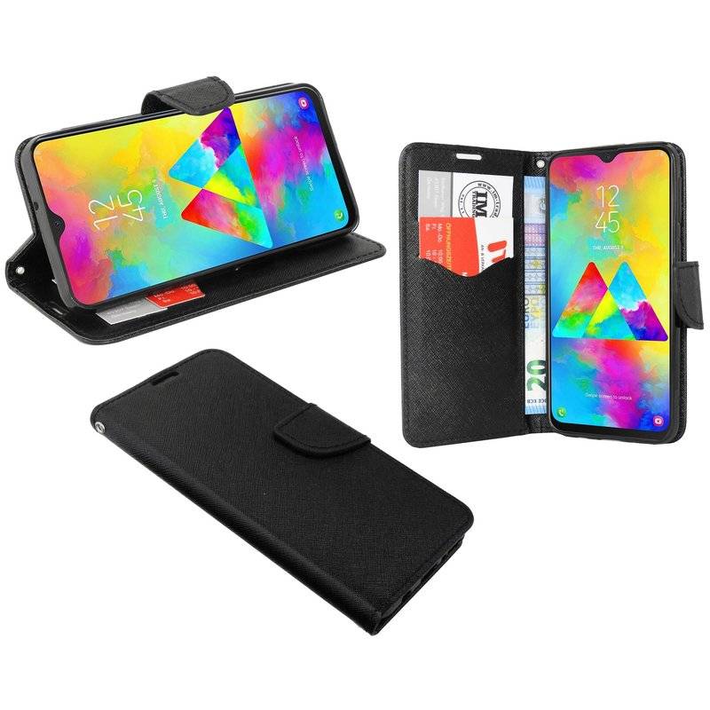 Buch Tasche Fancy für SAMSUNG GALAXY M20 M205F Handy Hülle Brieftasche Schutzhülle Standfunktion Kartenfach Schwarz