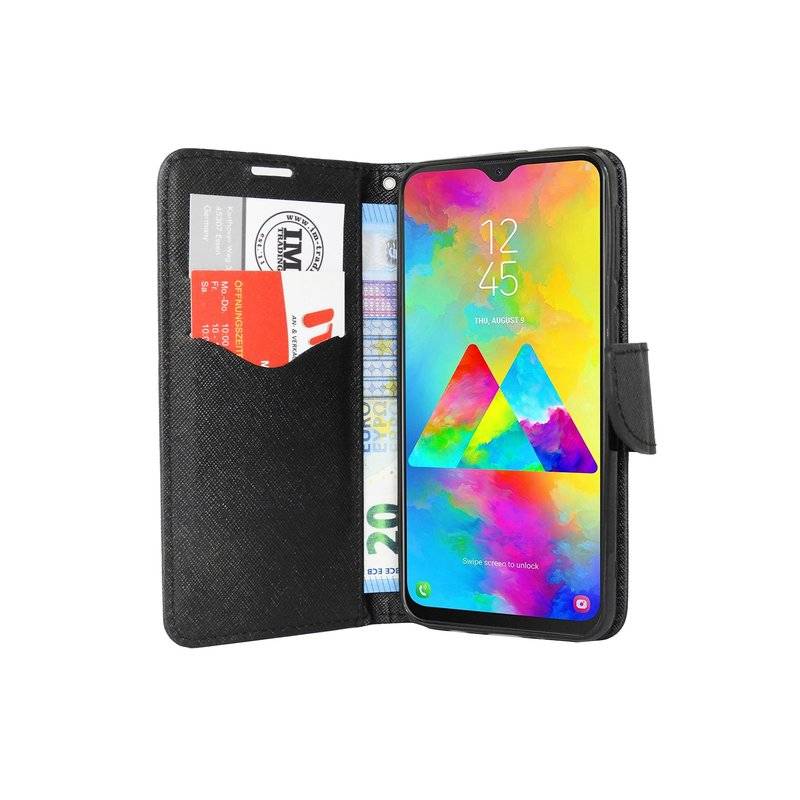 Buch Tasche Fancy für SAMSUNG GALAXY M20 M205F Handy Hülle Brieftasche Schutzhülle Standfunktion Kartenfach Schwarz