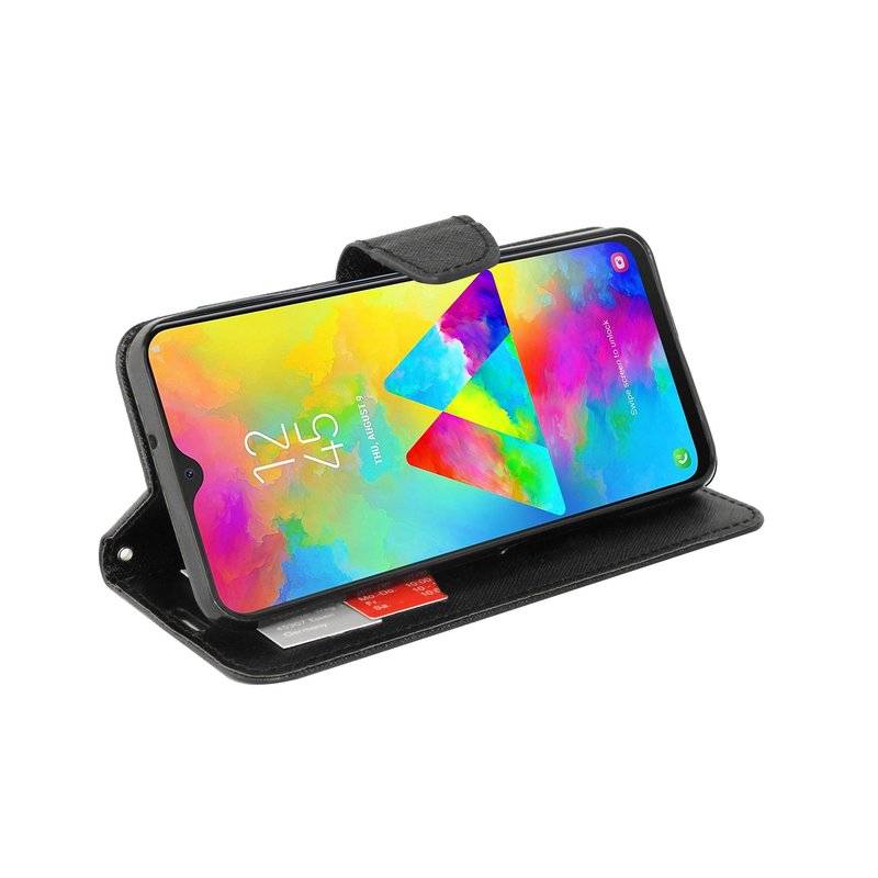 Buch Tasche Fancy für SAMSUNG GALAXY M20 M205F Handy Hülle Brieftasche Schutzhülle Standfunktion Kartenfach Schwarz