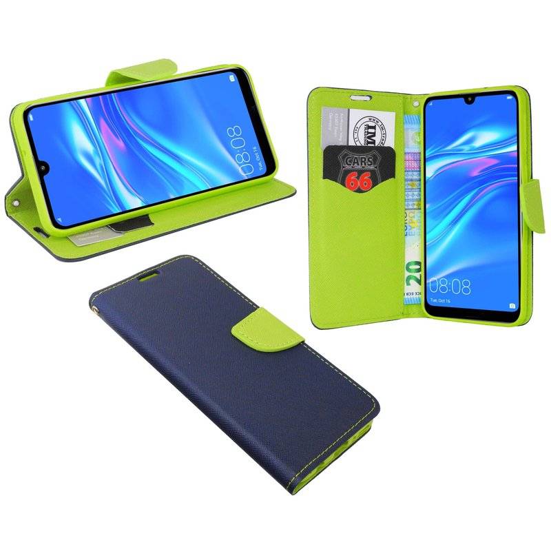Buch Tasche Fancy für HUAWEI Y7 2019 Handy Hülle Etui Brieftasche Schutzhülle mit Standfunktion, Kartenfach Blau-Grün