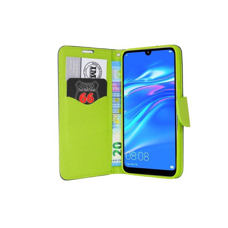 Buch Tasche Fancy für HUAWEI Y7 2019 Handy Hülle Etui Brieftasche Schutzhülle mit Standfunktion, Kartenfach Blau-Grün