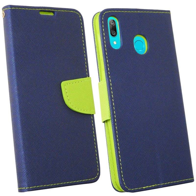 Buch Tasche Fancy für HUAWEI Y7 2019 Handy Hülle Etui Brieftasche Schutzhülle mit Standfunktion, Kartenfach Blau-Grün