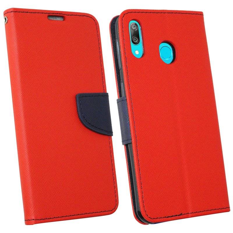 Buch Tasche Fancy" für HUAWEI Y7 2019 Handy Hülle Etui Brieftasche Schutzhülle mit Standfunktion, Kartenfach Rot-Blau