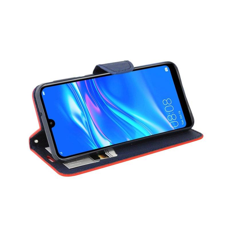 Buch Tasche Fancy" für HUAWEI Y7 2019 Handy Hülle Etui Brieftasche Schutzhülle mit Standfunktion, Kartenfach Rot-Blau