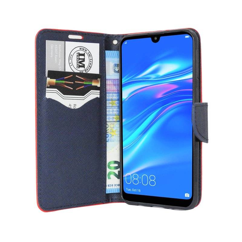 Buch Tasche Fancy" für HUAWEI Y6 2019 Handy Hülle Etui Brieftasche Schutzhülle mit Standfunktion, Kartenfach Rot-Blau"