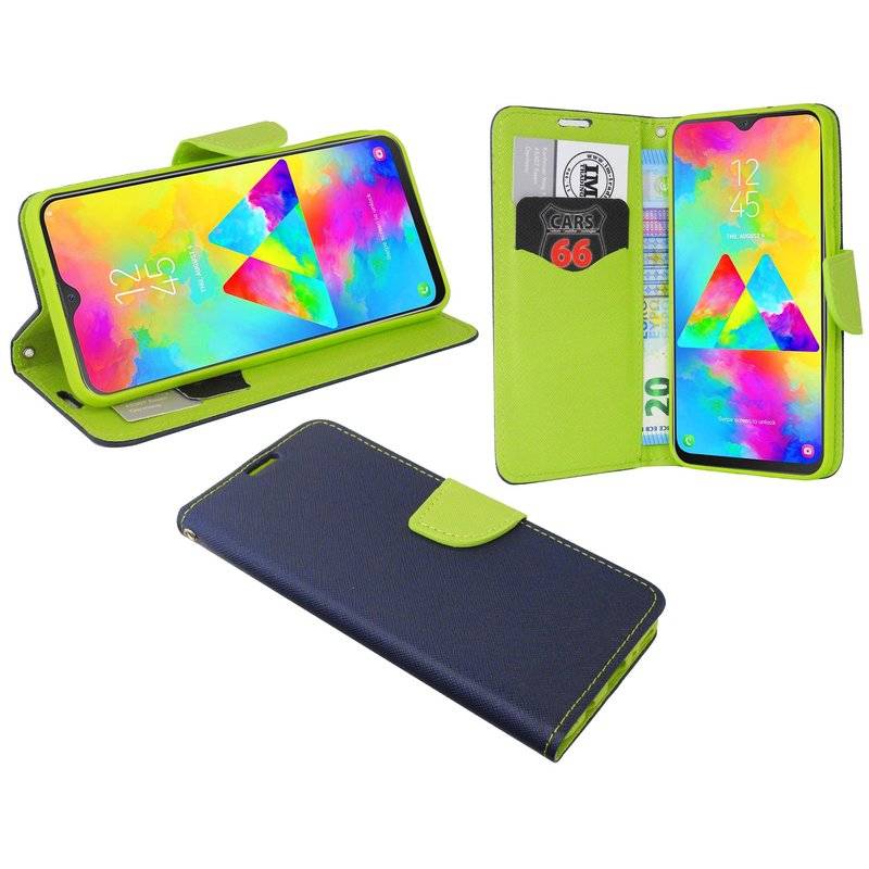 Buch Tasche Fancy für SAMSUNG GALAXY M20 (M205FD) Handy Hülle Etui Schutzhülle mit Standfunktion, Kartenfach Blau-Grün