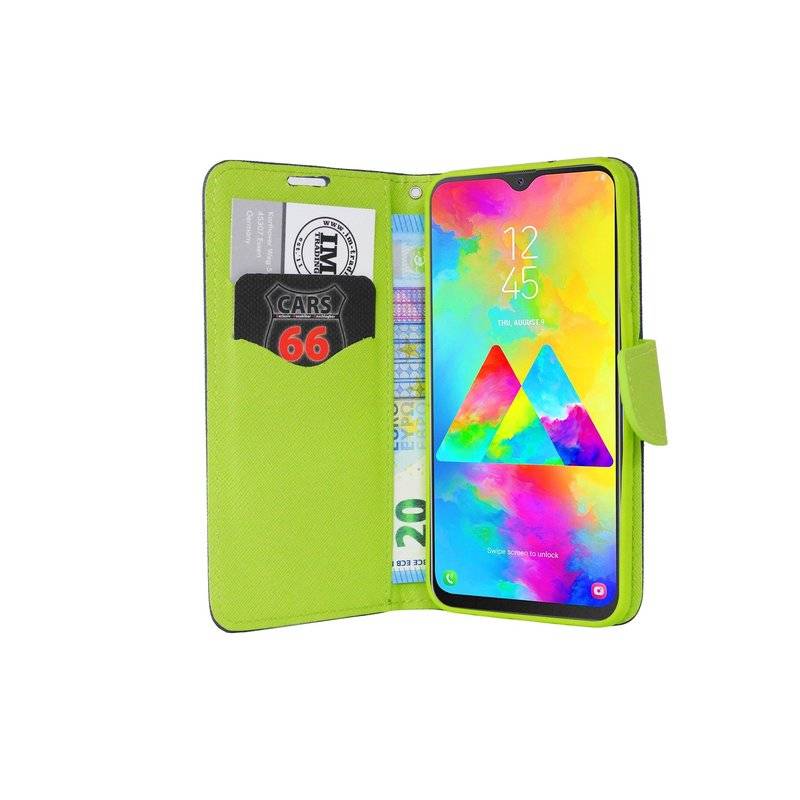 Buch Tasche Fancy für SAMSUNG GALAXY M20 (M205FD) Handy Hülle Etui Schutzhülle mit Standfunktion, Kartenfach Blau-Grün