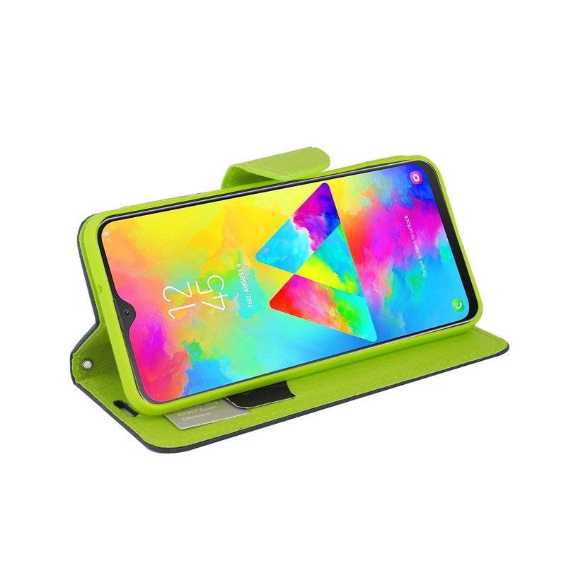 Buch Tasche Fancy für SAMSUNG GALAXY M20 (M205FD) Handy Hülle Etui Schutzhülle mit Standfunktion, Kartenfach Blau-Grün