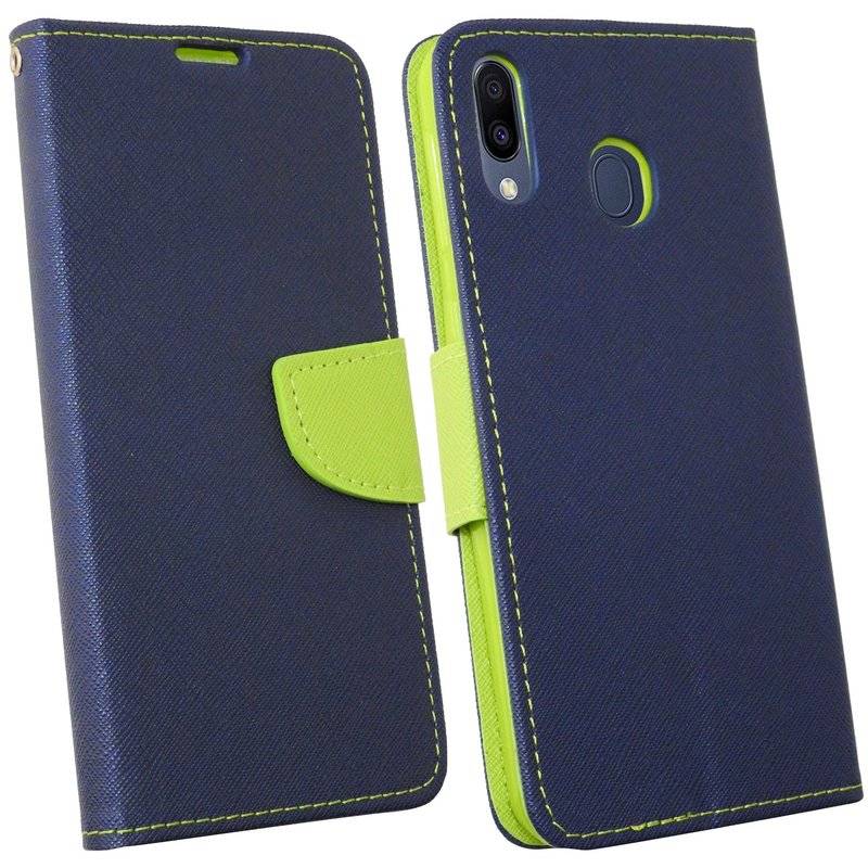 Buch Tasche Fancy für SAMSUNG GALAXY M20 (M205FD) Handy Hülle Etui Schutzhülle mit Standfunktion, Kartenfach Blau-Grün