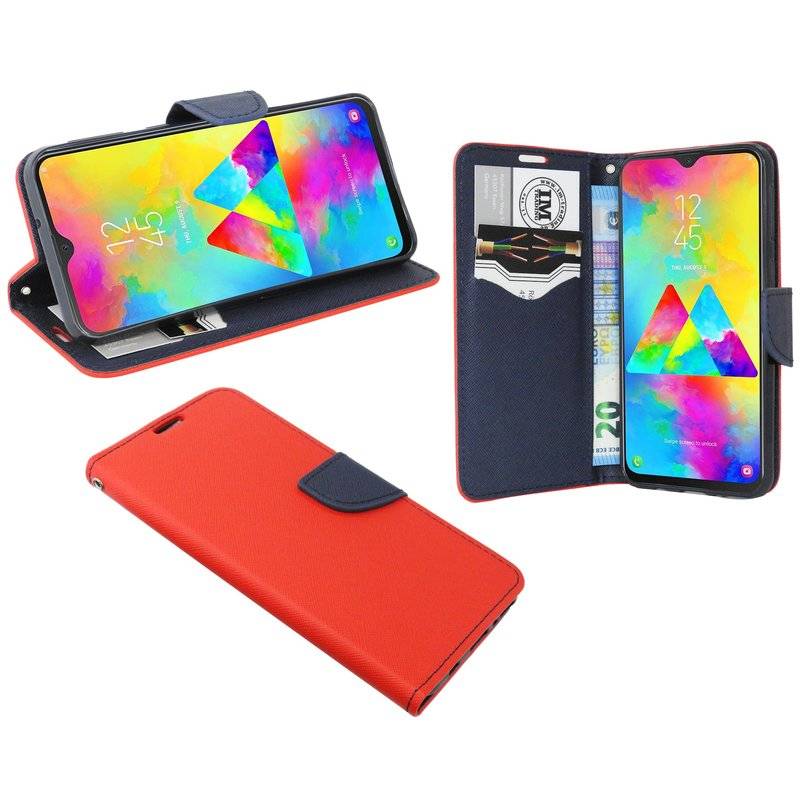 Buch Tasche Fancy für SAMSUNG GALAXY M20 (M205FD) Handy Hülle Etui Schutzhülle mit Standfunktion, Kartenfach Rot-Blau
