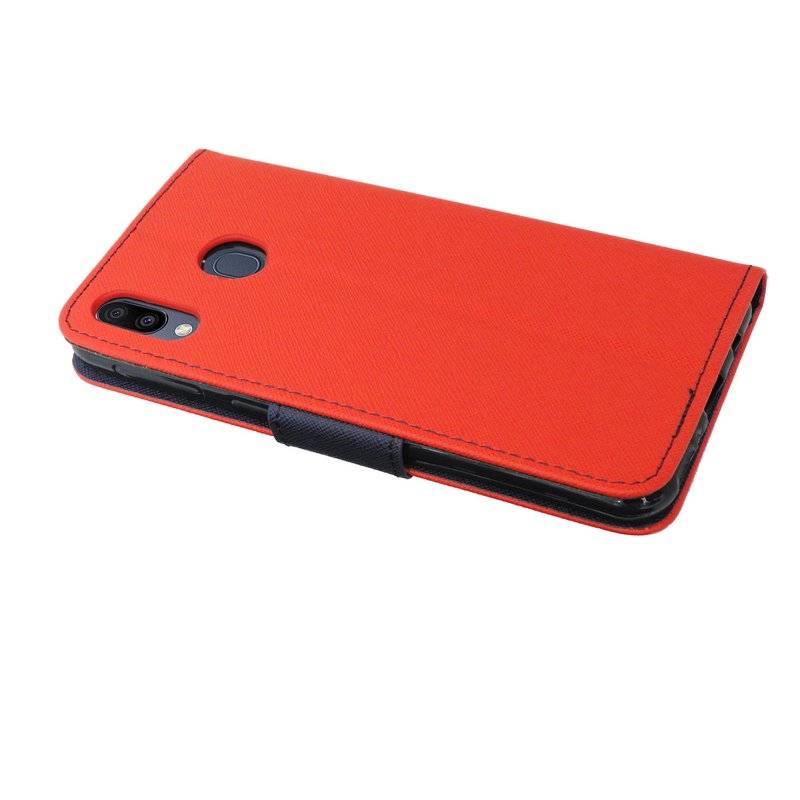 Buch Tasche Fancy für SAMSUNG GALAXY M20 (M205FD) Handy Hülle Etui Schutzhülle mit Standfunktion, Kartenfach Rot-Blau