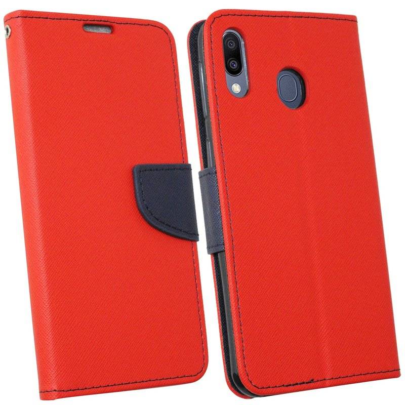 Buch Tasche Fancy für SAMSUNG GALAXY M20 (M205FD) Handy Hülle Etui Schutzhülle mit Standfunktion, Kartenfach Rot-Blau
