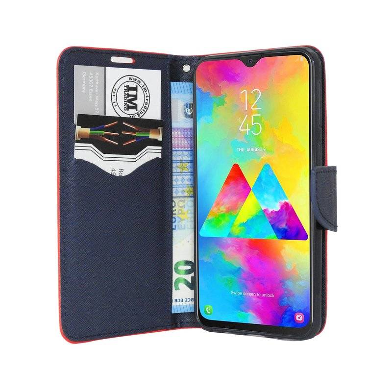 Buch Tasche Fancy für SAMSUNG GALAXY M20 (M205FD) Handy Hülle Etui Schutzhülle mit Standfunktion, Kartenfach Rot-Blau