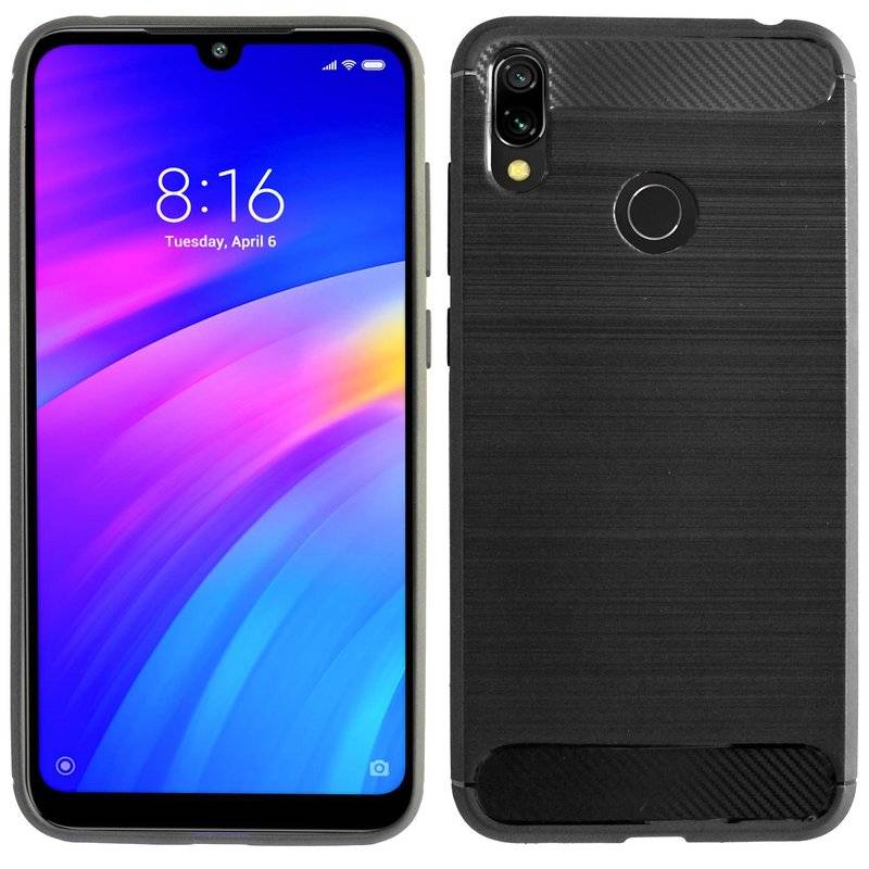 Silikon Hülle Carbon kompatibel mit XIAOMI REDMI 7 Case TPU Soft Handyhülle Cover Schutzhülle Schwarz