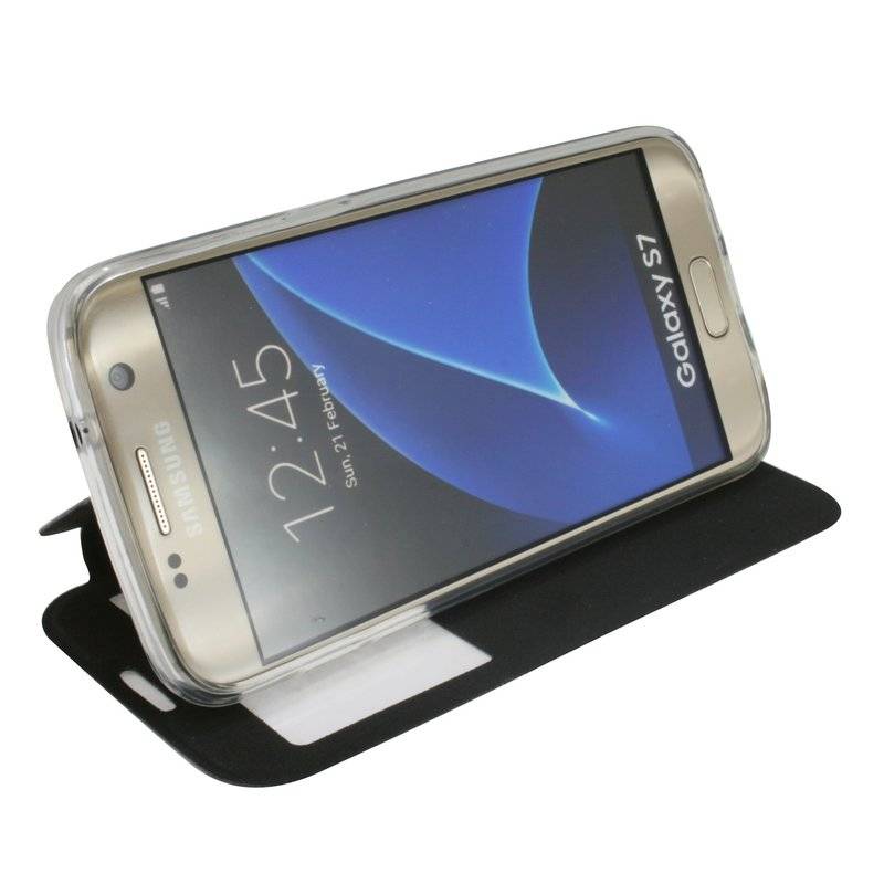LG Leon Handyhülle Tasche Flip Case S-View Fenster Schutzhülle Schwarz