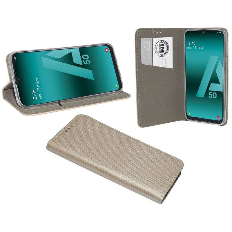 Samsung Galaxy A50 A505F Buch Tasche Handy Hülle Etui Brieftasche Schutzhülle mit Standfunktion, Kartenfach Gold