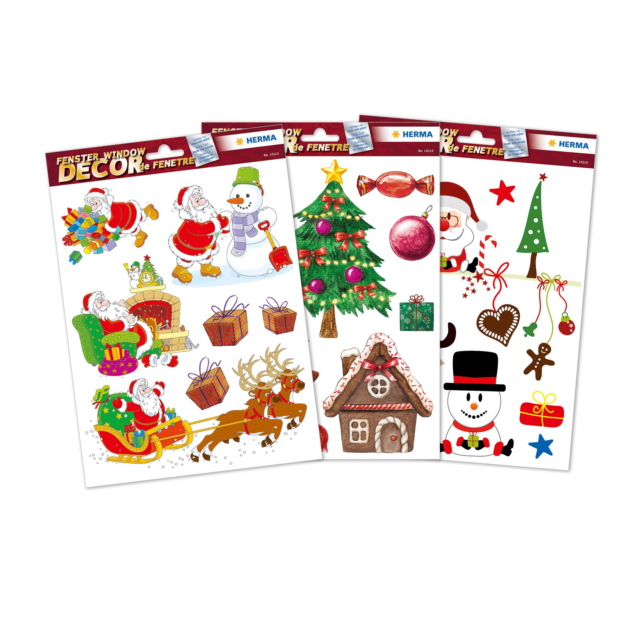 Drei überlappende Weihnachts-Fensteraufkleber-Blätter mit dem Weihnachtsmann, einem Schneemann, Schlitten mit Rentieren, geschmücktem Baum, Haus, Geschenken, Sternen, Verzierungen und Zuckerstangen.