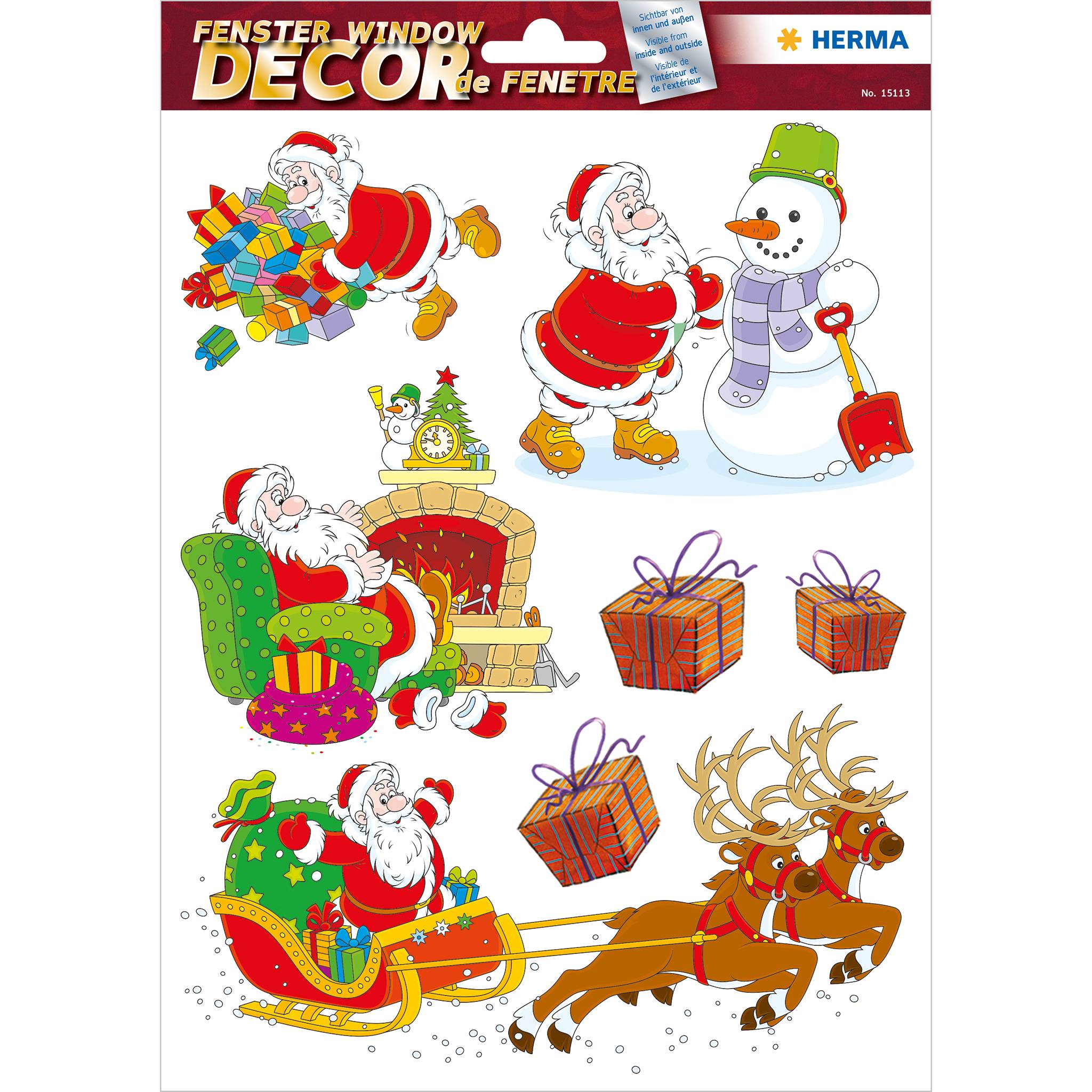 Weihnachtsfenster-Aufkleberbogen mit dem Weihnachtsmann, Schneemann, Geschenken, Kamin und Rentieren, die einen Schlitten ziehen