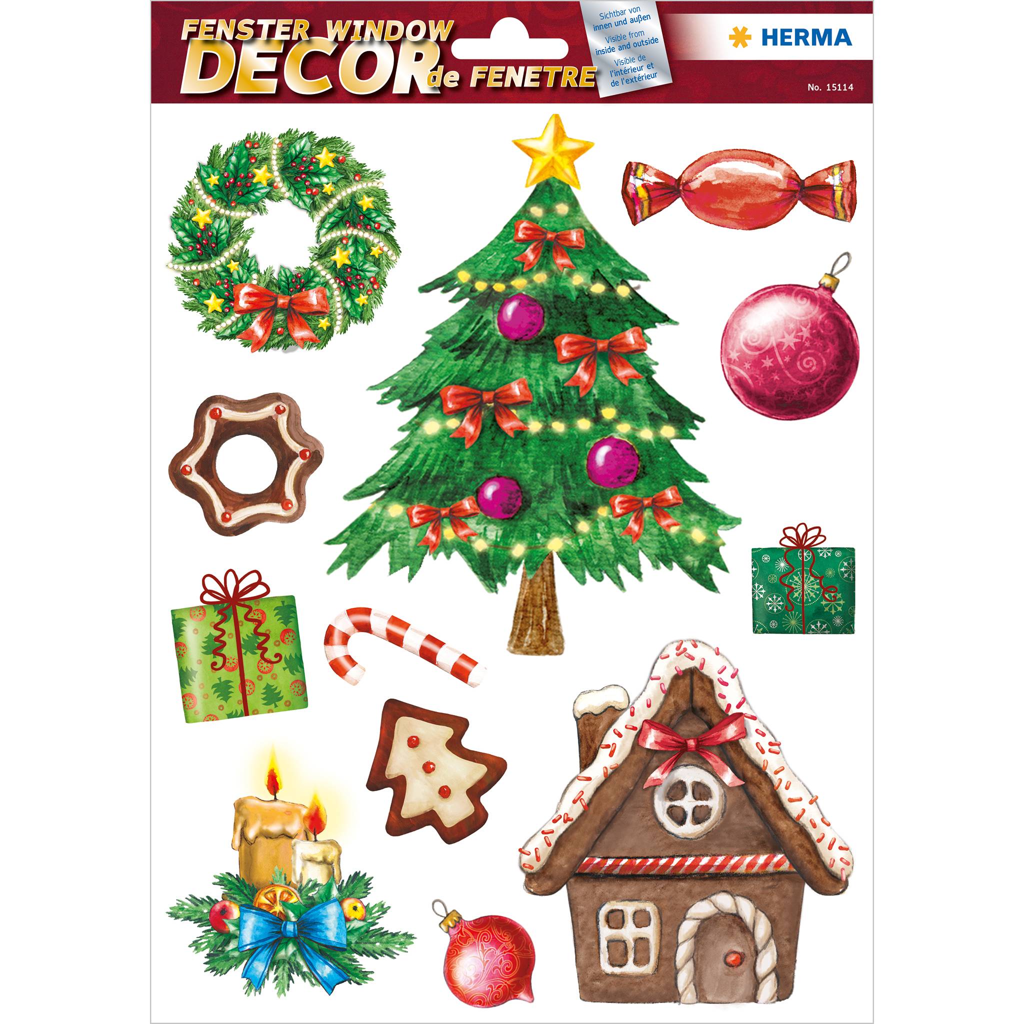 Festliches Fensterdekoration-Blatt mit Illustrationen von Weihnachtsbaum, Kranz, Bonbon, Christbaumkugeln, Geschenken, Kerze, Keks und Lebkuchenhaus.