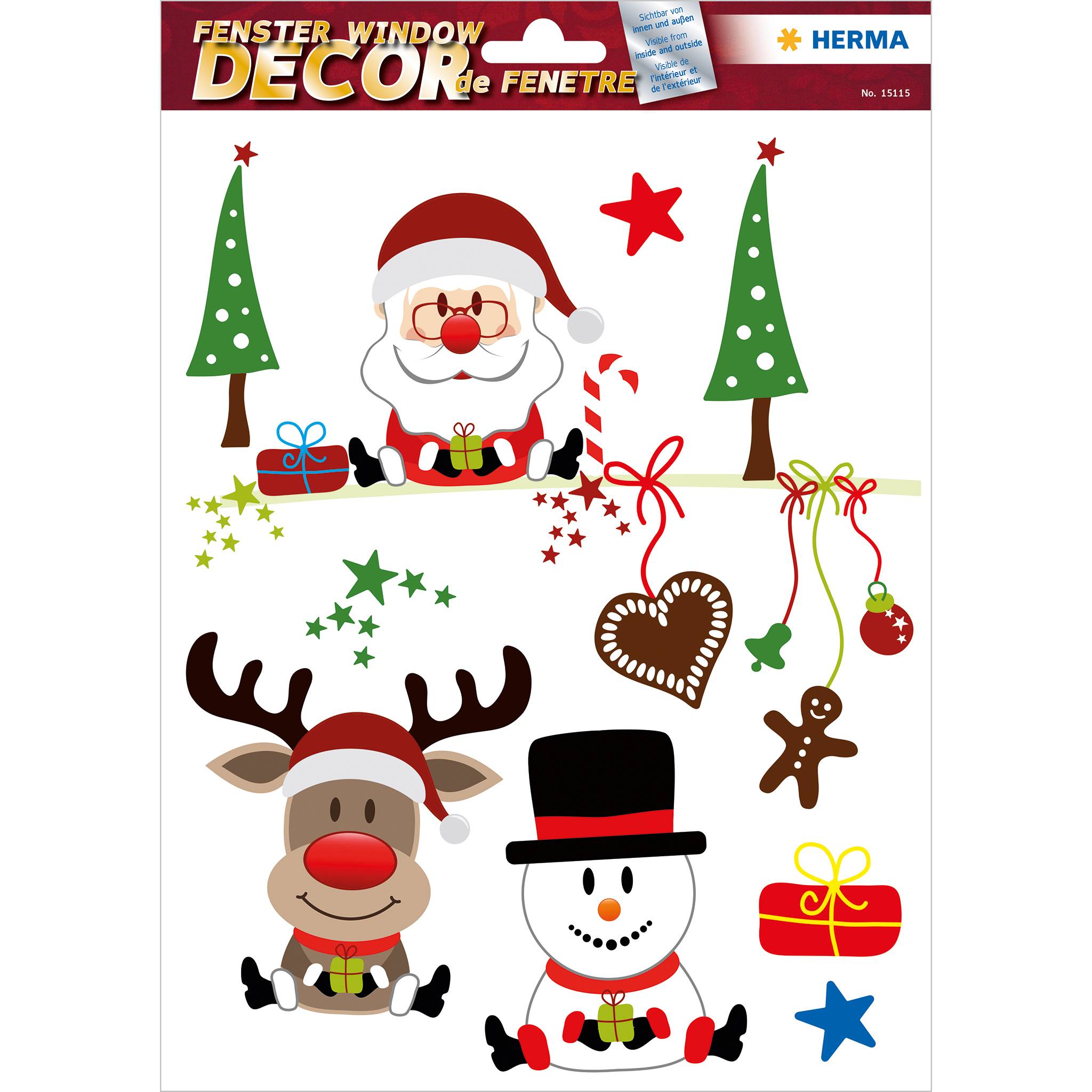 Paket mit Weihnachtsfensterdekalen mit dem Weihnachtsmann, zwei Bäumen, einem Rentier, Schneemann, Geschenken, Sternen, Zuckerstange, Lebkuchen-Mann und Herz-Ornament.