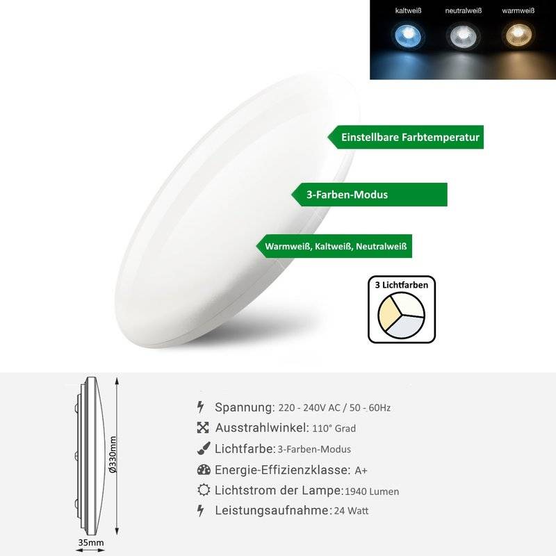 24W LED Deckenleuchte JADE Slim Lichtfarbe Einstellbar Farbwechsel 1940 Lumen Deckenlampe Beleuchtung Ø33cm Rund Weiß
